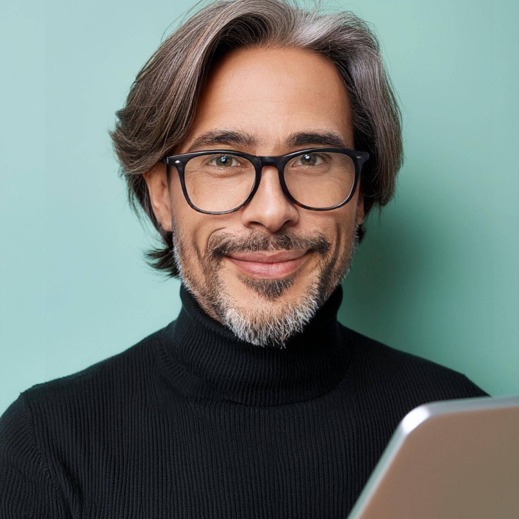Firefly-portrait-of-CEO-50-age-graying-hair-with-black-turtleneck-sweater-holding-iPad-isolated-uai-1792x1792